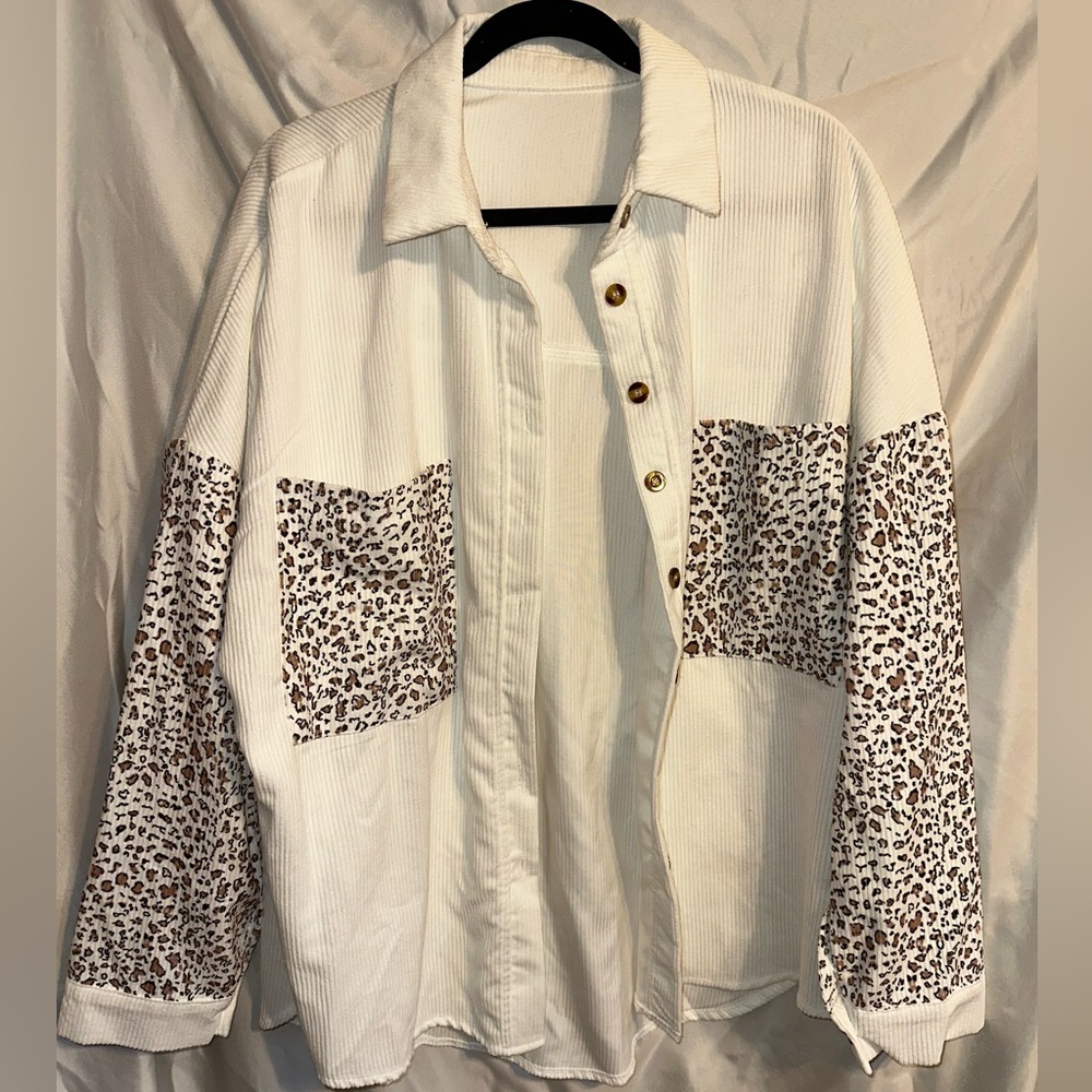 Cream Corduroy Shirt Jacket with Leopard Accent